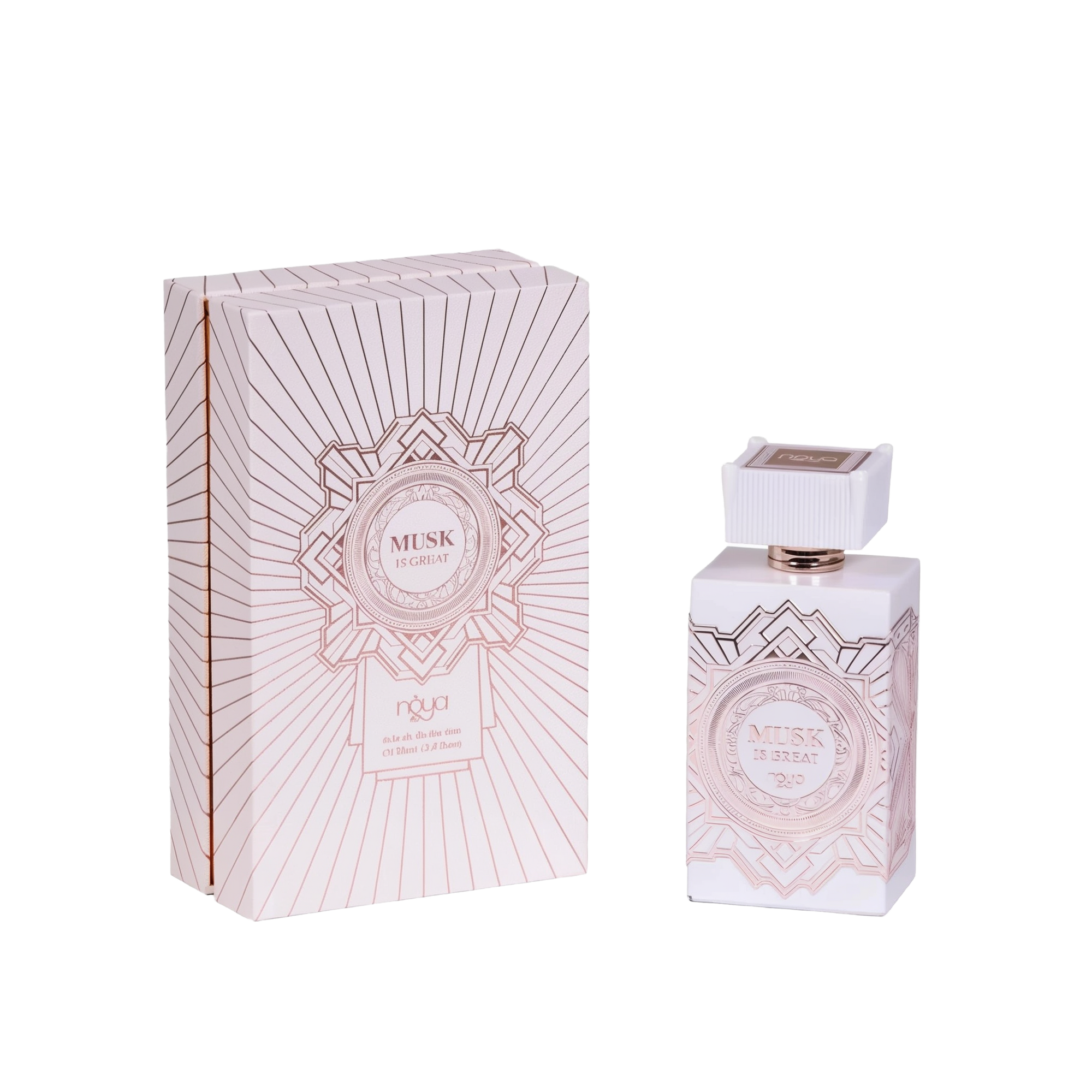 The image shows a bottle of "Musk Is Great" extrait de parfum by Noya alongside its packaging. The perfume bottle is rectangular and white with intricate geometric designs in a metallic rose gold color. It has a distinctive, square-shaped cap with vertical ridges and a rose gold accent at the base. The front of the bottle features a circular label with the text "Musk Is Great" and the brand name "Noya." The matching packaging box is also white with metallic rose gold geometric patterns.