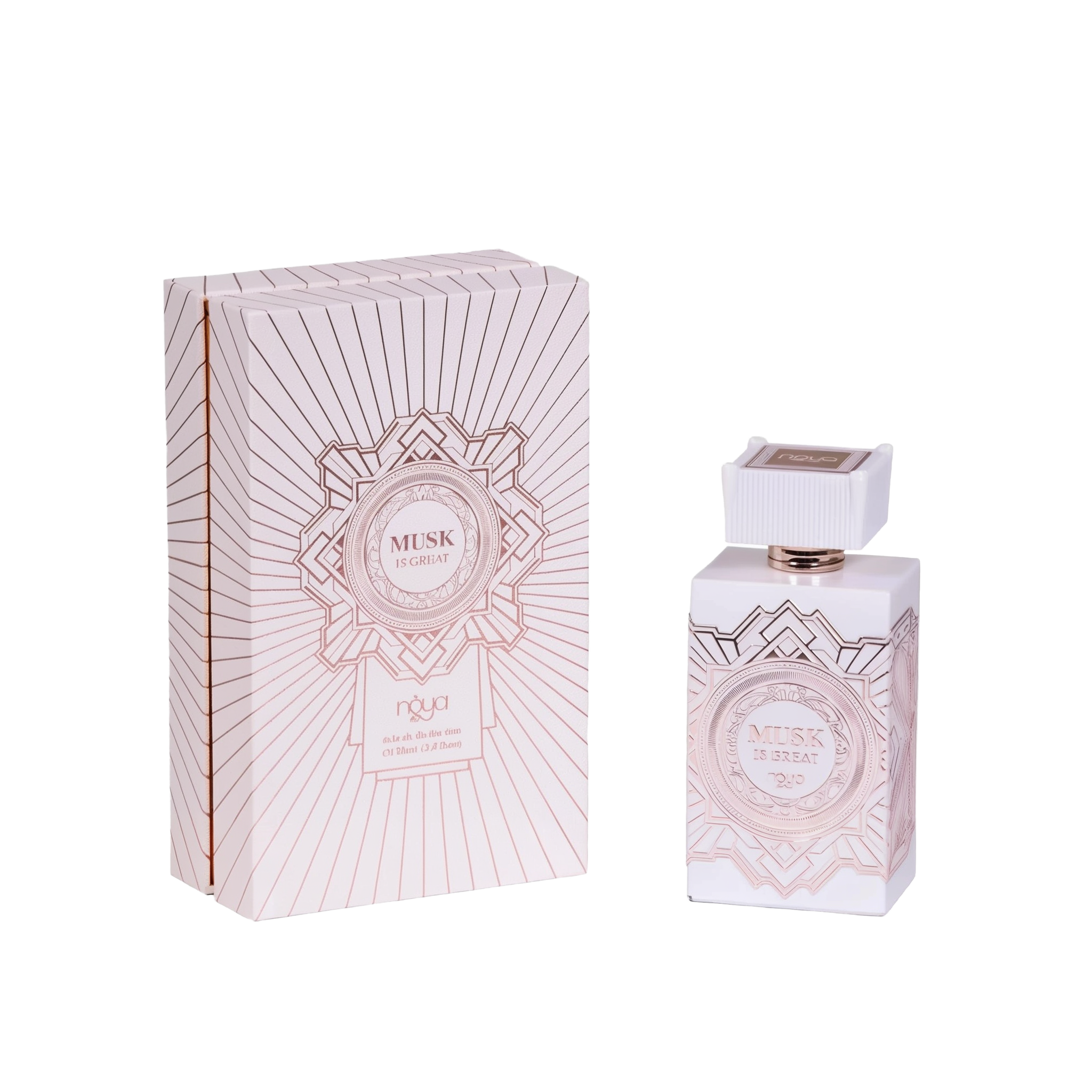 The image shows a bottle of "Musk Is Great" extrait de parfum by Noya alongside its packaging. The perfume bottle is rectangular and white with intricate geometric designs in a metallic rose gold color. It has a distinctive, square-shaped cap with vertical ridges and a rose gold accent at the base. The front of the bottle features a circular label with the text "Musk Is Great" and the brand name "Noya." The matching packaging box is also white with metallic rose gold geometric patterns.