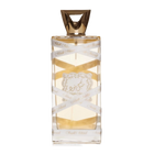 The image displays a rectangular perfume bottle with a golden-yellow liquid inside. The cap is a geometric, faceted gold design. A white ribbon with the text "Musk Mood" in a repeating pattern wraps around the bottle. Additionally, a decorative gold label with elaborate borders and an emblem is affixed to the center of the bottle.
