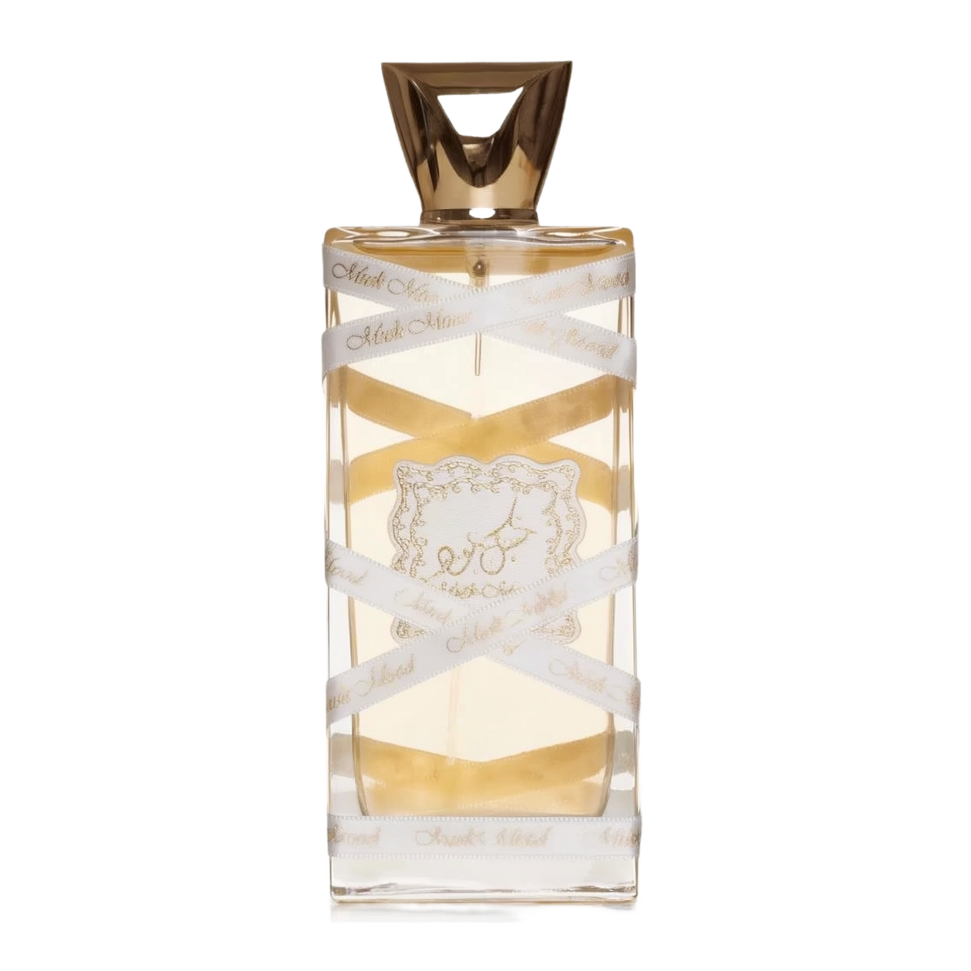 The image displays a rectangular perfume bottle with a golden-yellow liquid inside. The cap is a geometric, faceted gold design. A white ribbon with the text "Musk Mood" in a repeating pattern wraps around the bottle. Additionally, a decorative gold label with elaborate borders and an emblem is affixed to the center of the bottle.