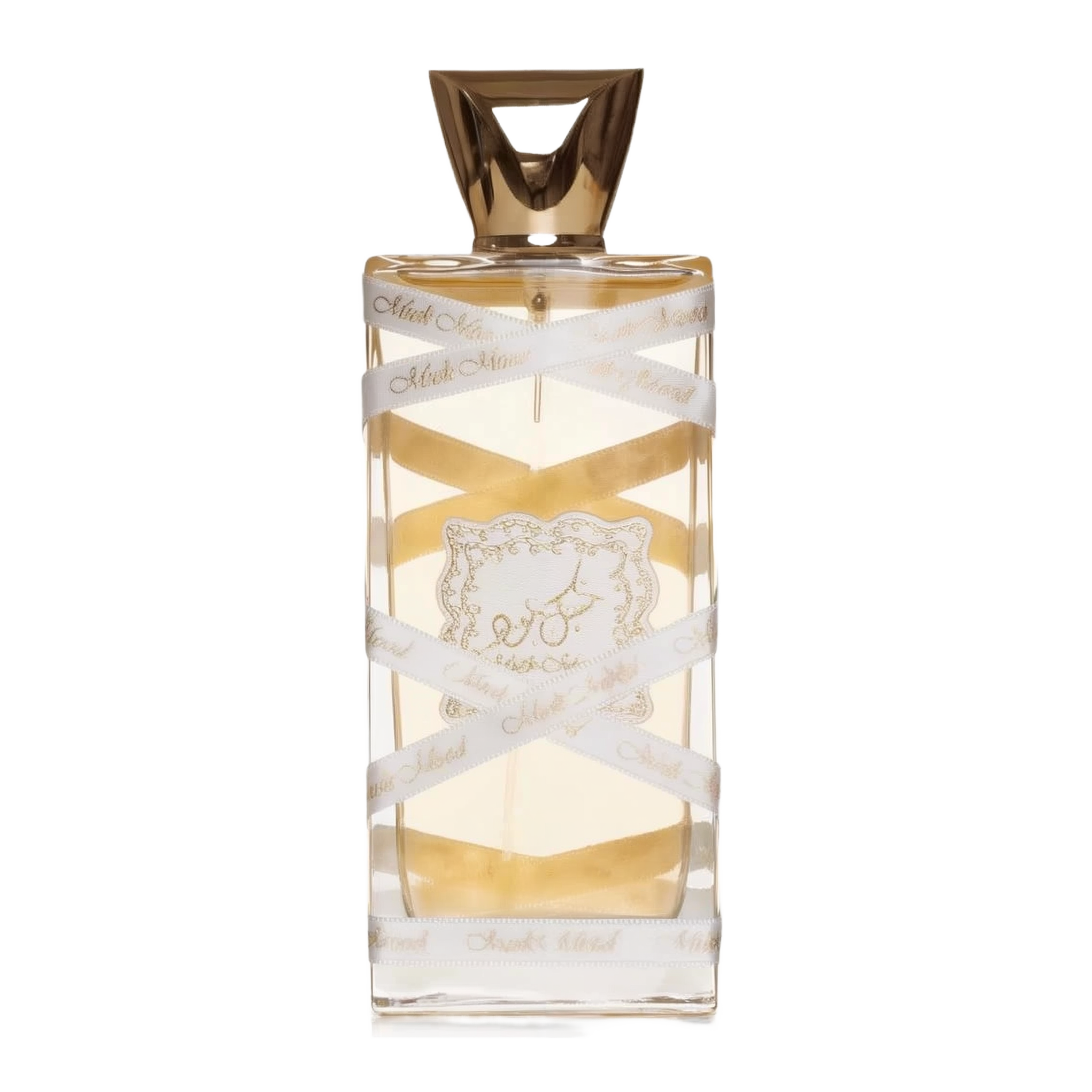 The image displays a rectangular perfume bottle with a golden-yellow liquid inside. The cap is a geometric, faceted gold design. A white ribbon with the text "Musk Mood" in a repeating pattern wraps around the bottle. Additionally, a decorative gold label with elaborate borders and an emblem is affixed to the center of the bottle.