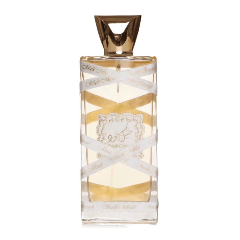 The image displays a rectangular perfume bottle with a golden-yellow liquid inside. The cap is a geometric, faceted gold design. A white ribbon with the text "Musk Mood" in a repeating pattern wraps around the bottle. Additionally, a decorative gold label with elaborate borders and an emblem is affixed to the center of the bottle.