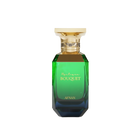 The image displays a perfume bottle from Afnan Perfumes, specifically the "Mystique Bouquet" fragrance. The bottle has a striking geometric shape with a broad, gold-colored cap. Its upper section is adorned with a decorative gold band featuring an intricate, interwoven design. The glass transitions from a transparent green at the top to a deep blue at the base, suggesting a gradient effect. The perfume's name, "Mystique Bouquet," is written in elegant script on the bottle.
