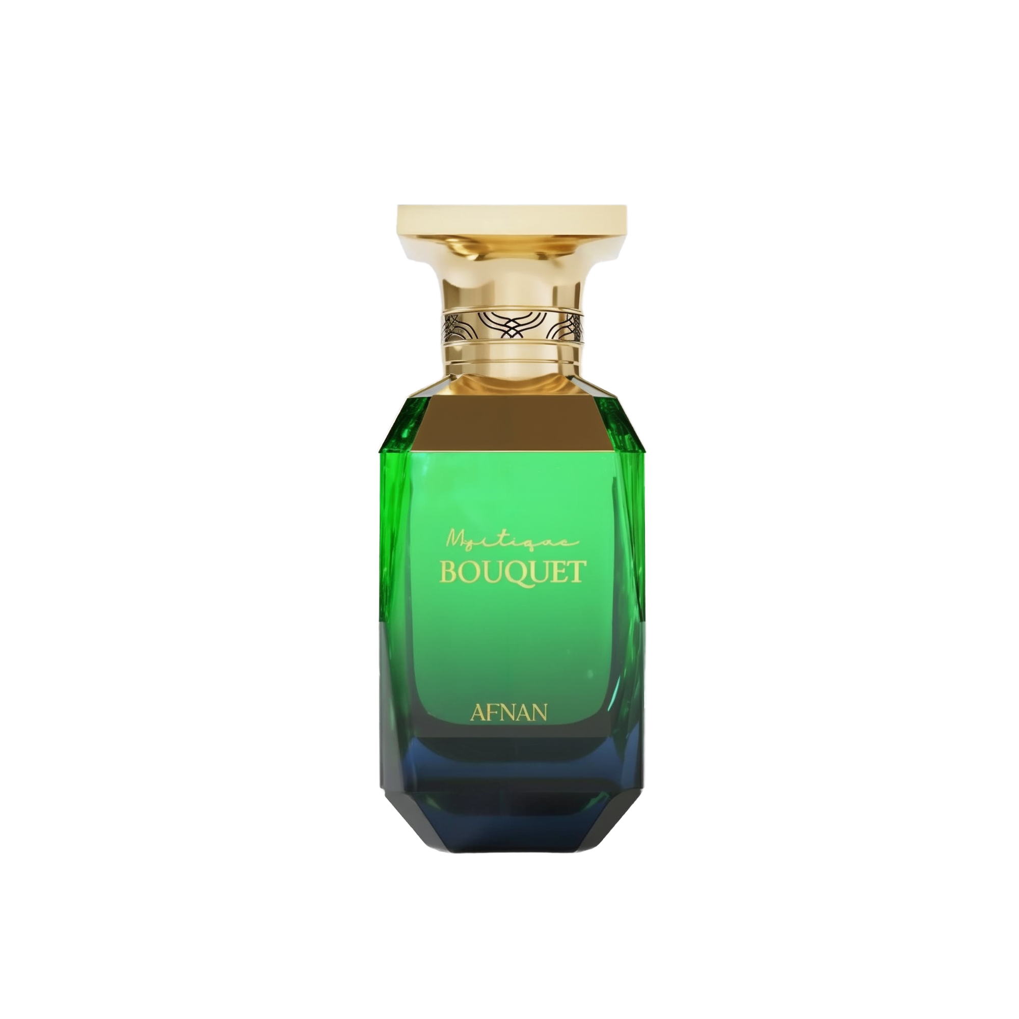 The image displays a perfume bottle from Afnan Perfumes, specifically the "Mystique Bouquet" fragrance. The bottle has a striking geometric shape with a broad, gold-colored cap. Its upper section is adorned with a decorative gold band featuring an intricate, interwoven design. The glass transitions from a transparent green at the top to a deep blue at the base, suggesting a gradient effect. The perfume's name, "Mystique Bouquet," is written in elegant script on the bottle.
