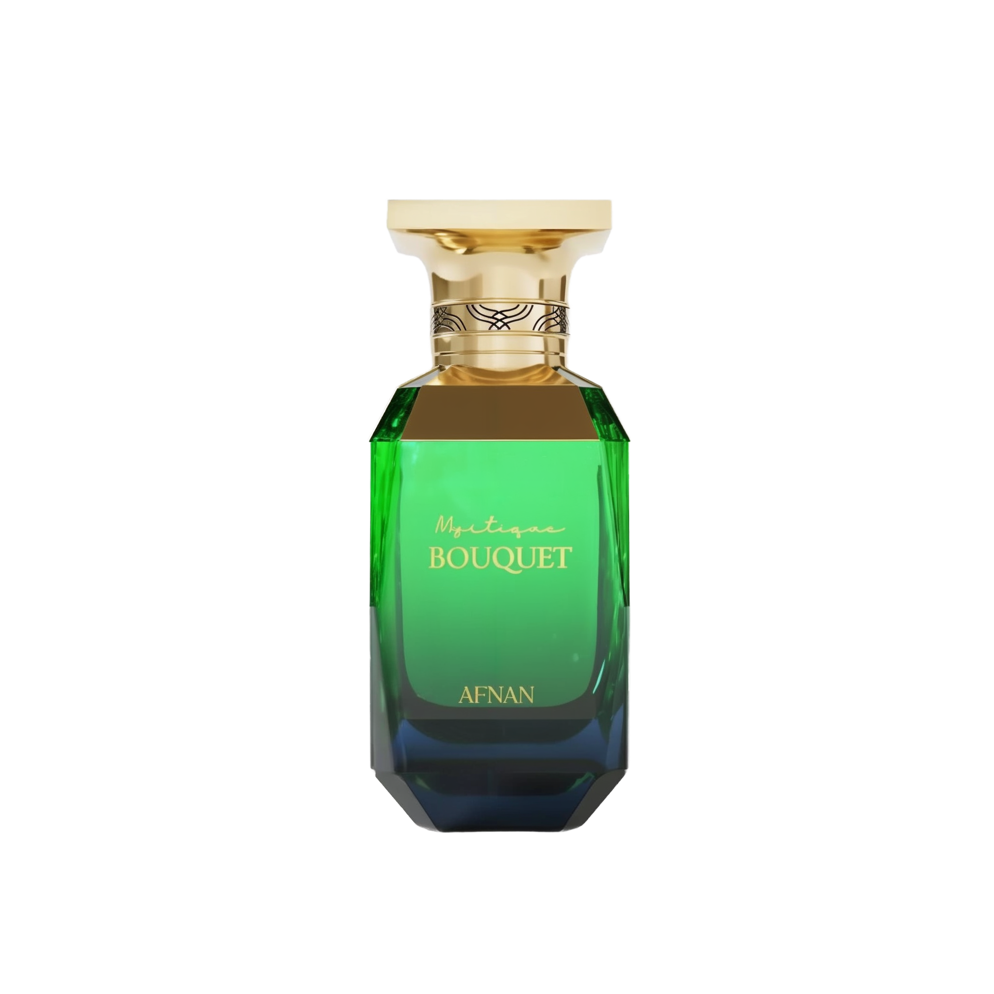 The image displays a perfume bottle from Afnan Perfumes, specifically the "Mystique Bouquet" fragrance. The bottle has a striking geometric shape with a broad, gold-colored cap. Its upper section is adorned with a decorative gold band featuring an intricate, interwoven design. The glass transitions from a transparent green at the top to a deep blue at the base, suggesting a gradient effect. The perfume's name, "Mystique Bouquet," is written in elegant script on the bottle.