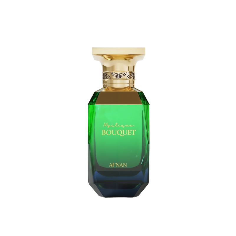 The image displays a perfume bottle from Afnan Perfumes, specifically the "Mystique Bouquet" fragrance. The bottle has a striking geometric shape with a broad, gold-colored cap. Its upper section is adorned with a decorative gold band featuring an intricate, interwoven design. The glass transitions from a transparent green at the top to a deep blue at the base, suggesting a gradient effect. The perfume's name, "Mystique Bouquet," is written in elegant script on the bottle.