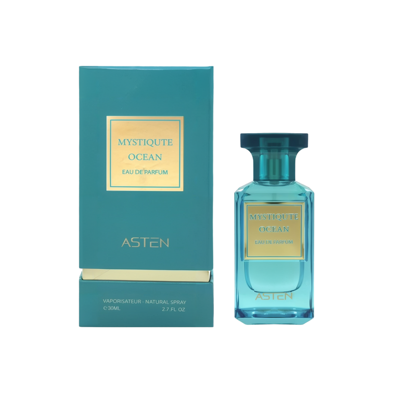 A rectangular teal box with gold accents reading “Mystiqtue Ocean Eau de Parfum” stands beside a matching teal glass perfume bottle. The bottle features a squared top and the brand name “Asten” in gold lettering.