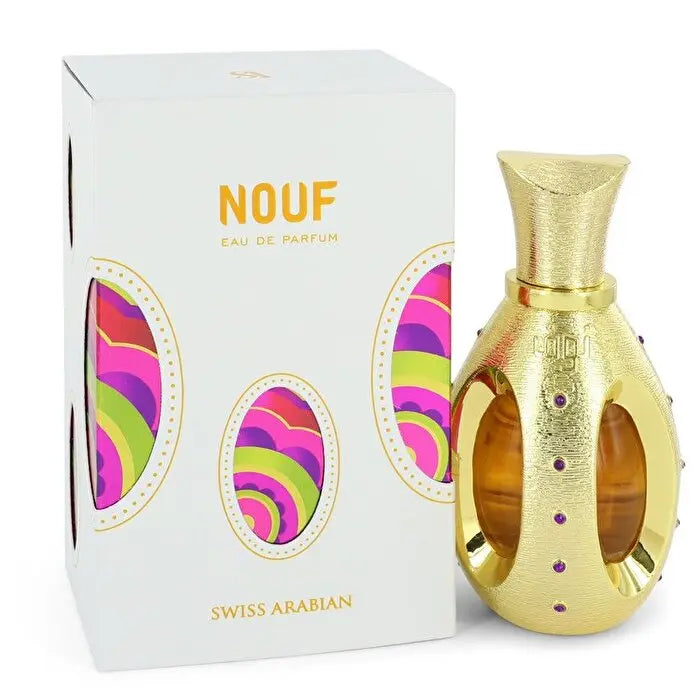 The image displays a bottle of "NOUF" eau de parfum by Swiss Arabian next to its packaging. The perfume bottle has a textured gold finish with an interlocking ring design and purple gemstone details. The packaging is a white box with vibrant, multicolored oval patterns on the sides and the name "NOUF" in orange letters at the top front, followed by "Eau de Parfum" and the Swiss Arabian logo at the bottom.