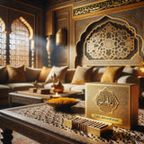 The image portrays an elegant and traditional Middle Eastern setting with a box of "Nabeel Bakhoor Ghawi" prominently displayed. The box is gold with intricate Arabic calligraphy and patterns, symbolizing the rich cultural heritage of the product. The room is adorned with ornamental woodwork, luxurious fabrics, and a soft, warm lighting that creates a serene ambiance. Rays of light stream in, highlighting the smoke from the candle, which suggests the aromatic nature of the bakhoor. 