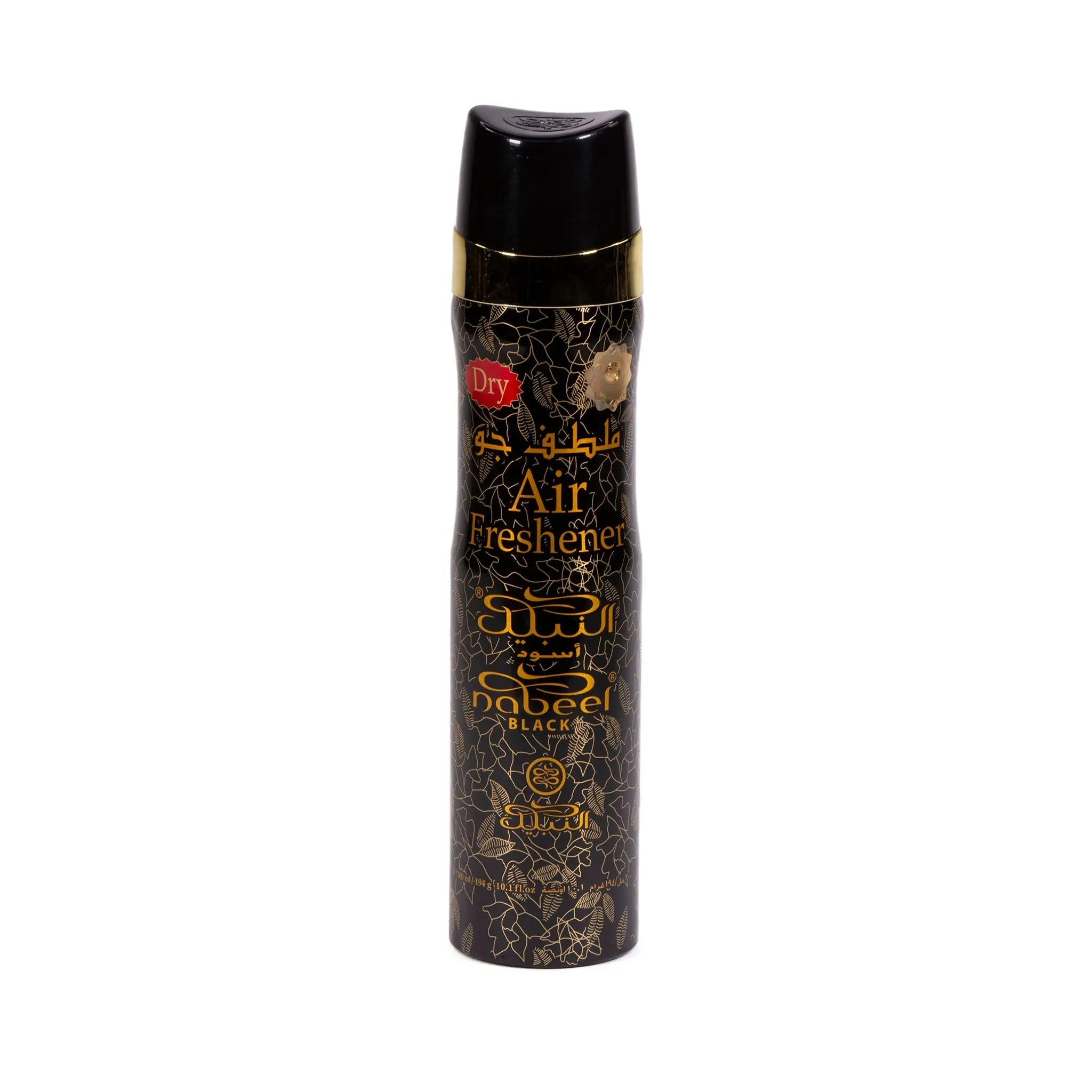 The image features an air freshener can named "Nabeel Black." The can is predominantly black with gold and white text and intricate gold patterns. It reads "Air Freshener" in both Arabic and English, and "Dry" is indicated at the top. There is a rose emblem near the middle. The design of the can suggests a sophisticated and possibly masculine fragrance. The can has a black cap and is set against a white background, highlighting the contrast and detailing of its design.