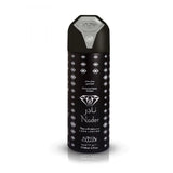 The image shows a cylindrical deodorant spray bottle named 'Nader' by Nabeel Perfumes. The bottle is predominantly black with a white diamond pattern, the Nabeel logo, and text indicating it is a unisex perfumed spray. The top of the bottle features a clear, diamond-shaped cap over a silver neck. White lettering on the bottle includes "Nader" along with "Long Lasting" and the product volume of "200ml / 6.7fl.oz." 