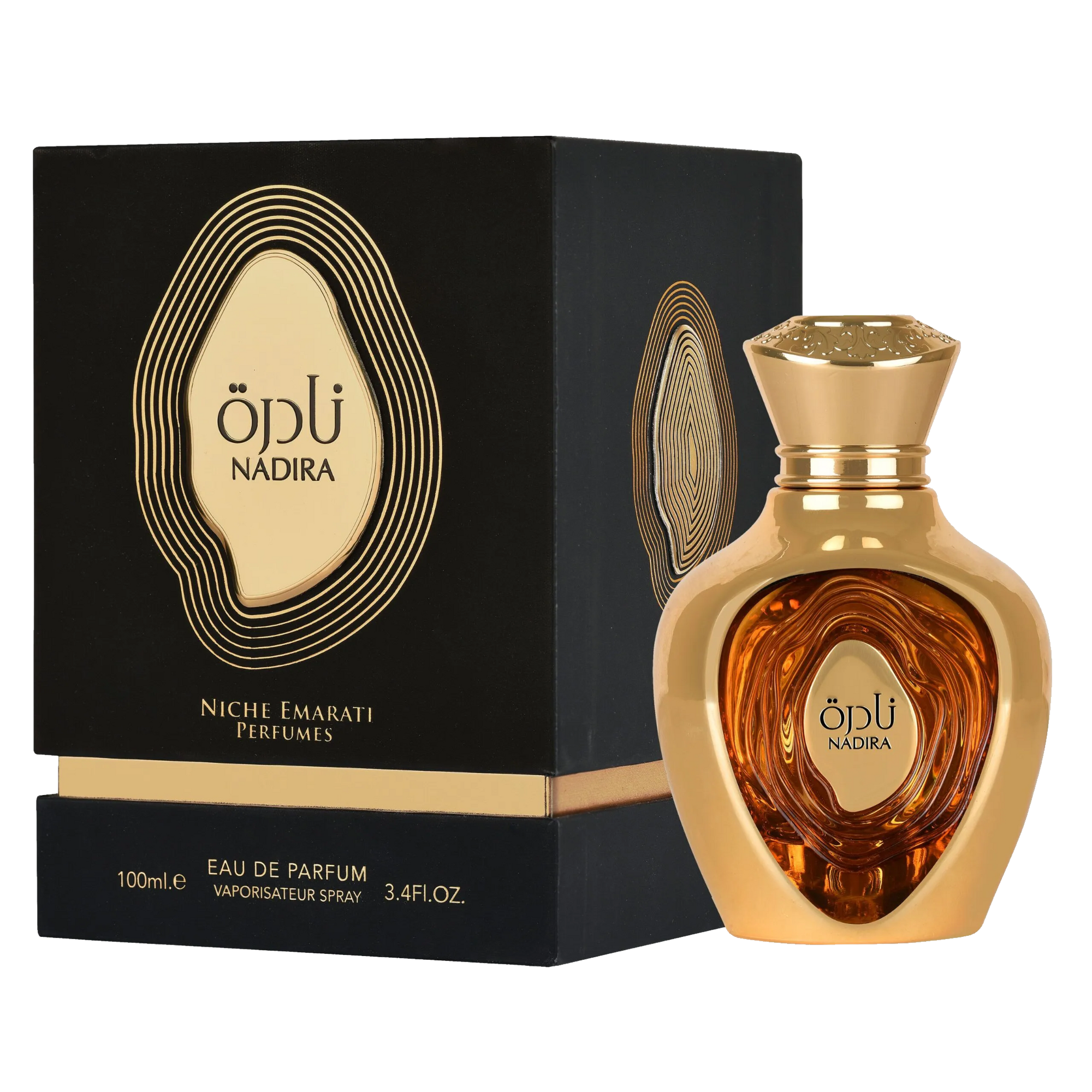Nadira Eau De Parfum 100ml by Lattafa, featuring a luxurious gold bottle with an elegant black and gold package box.