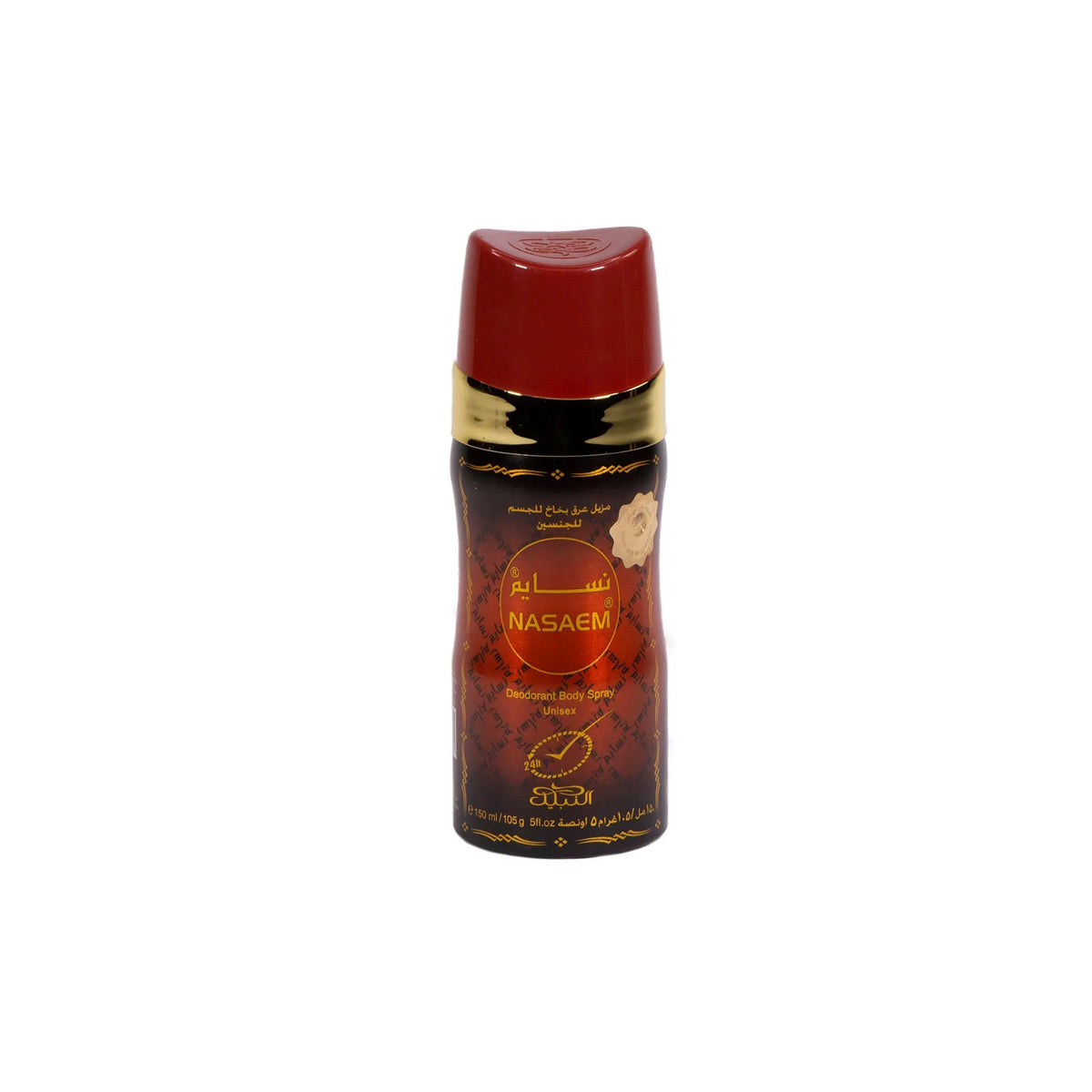 The image shows a can of 'Nasaem' deodorant body spray from Nabeel Perfumes. The can has a burgundy cap, a gold band, and a body with a gradient design going from transparent to a deep red hue towards the bottom. It has gold and white Arabic script along with English text indicating it is a unisex product. The content volume is labeled as 150ml (5.07 fl.oz). The design elements of the can suggest a luxurious and aromatic fragrance within.