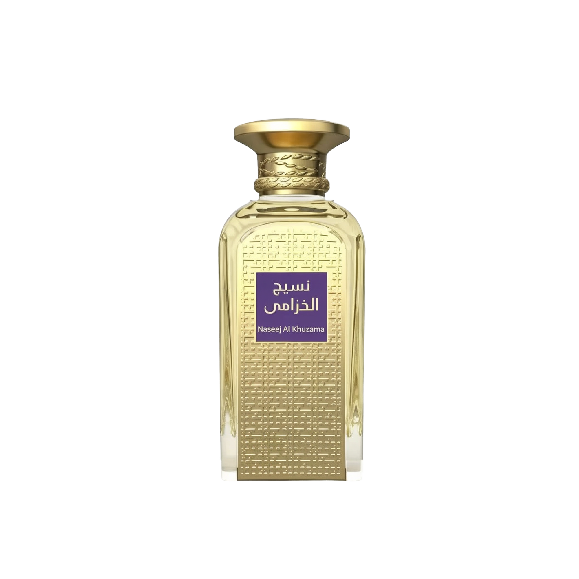 The image is of a perfume bottle with a rich golden color and textured design. The bottle has a rectangular shape with a curved top and a broad, flat base. The cap is a smooth, polished gold matching the bottle's texture. On the front, there is a purple label with Arabic script, which translates to "Naseej Al Khuzama," indicating the name of the fragrance. The text below the Arabic script, in smaller font, is the English transliteration of the name.