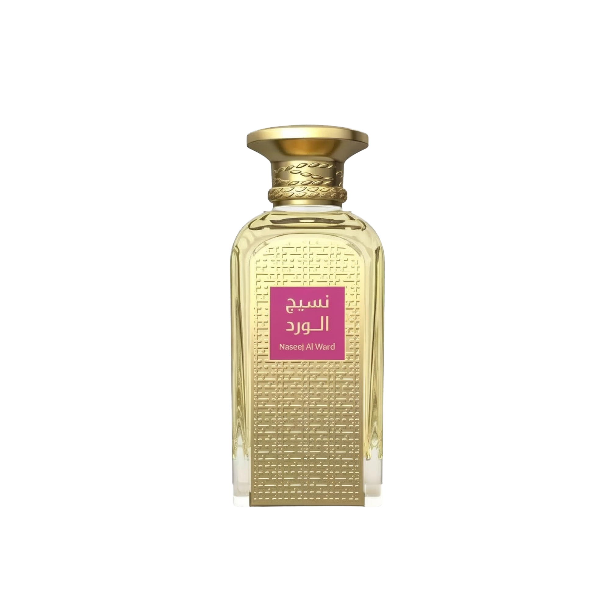 The image shows a rectangular glass perfume bottle with a gold-colored cap. The body of the bottle is adorned with a dense pattern of embossed or etched geometric lines, giving it a textured appearance. A prominent label with Arabic script is placed in the center of the bottle, featuring a magenta background which stands out against the golden tones of the bottle's design. The label text "Naseej Al Ward" is also visible in Latin script, suggesting the name of the perfume or the brand. 