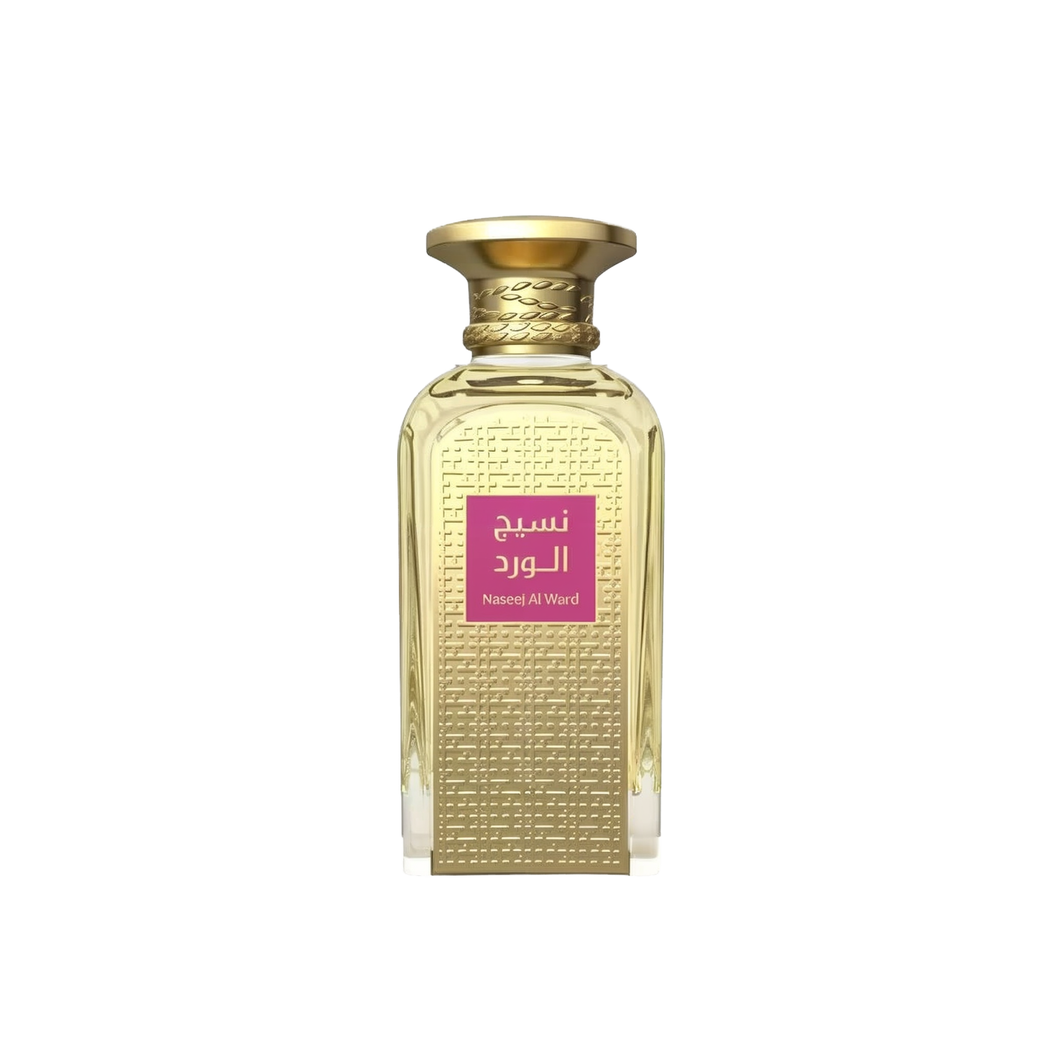 The image shows a rectangular glass perfume bottle with a gold-colored cap. The body of the bottle is adorned with a dense pattern of embossed or etched geometric lines, giving it a textured appearance. A prominent label with Arabic script is placed in the center of the bottle, featuring a magenta background which stands out against the golden tones of the bottle's design. The label text "Naseej Al Ward" is also visible in Latin script, suggesting the name of the perfume or the brand. 