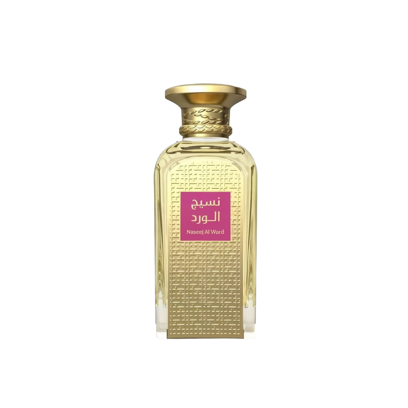 The image shows a rectangular glass perfume bottle with a gold-colored cap. The body of the bottle is adorned with a dense pattern of embossed or etched geometric lines, giving it a textured appearance. A prominent label with Arabic script is placed in the center of the bottle, featuring a magenta background which stands out against the golden tones of the bottle's design. The label text "Naseej Al Ward" is also visible in Latin script, suggesting the name of the perfume or the brand. 