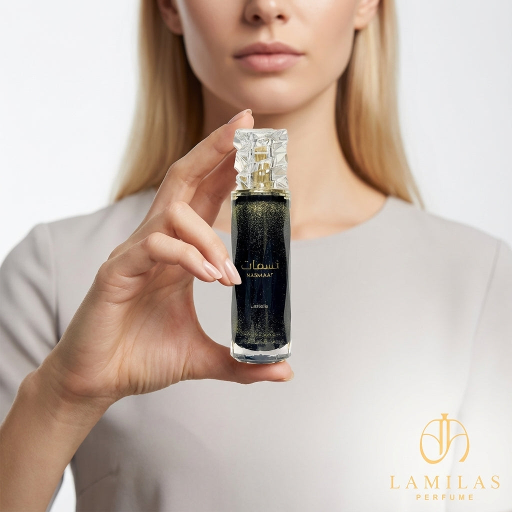 Woman holding the black Nasmaat perfume bottle filled with shimmering gold liquid