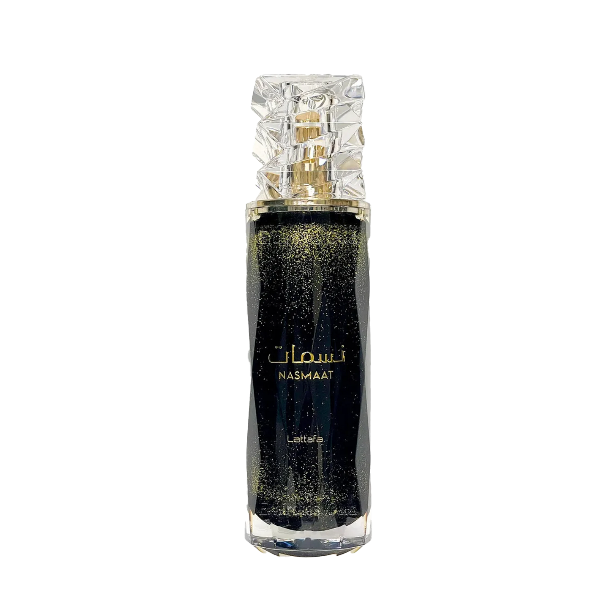 Lattafa Nasmaat perfume bottle in black with gold shimmer and a faceted clear cap.