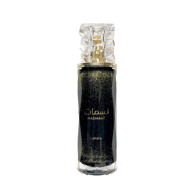 Lattafa Nasmaat perfume bottle in black with gold shimmer and a faceted clear cap.