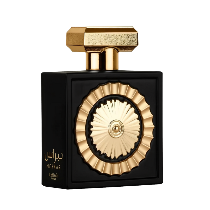 The image features a sophisticated perfume bottle with a black rectangular body and a distinctive golden circular motif in the center, resembling a sun or wheel design. The bottle has a textured gold cap with geometric shapes. Arabic script on the bottom 