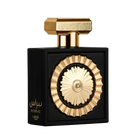 The image features a sophisticated perfume bottle with a black rectangular body and a distinctive golden circular motif in the center, resembling a sun or wheel design. The bottle has a textured gold cap with geometric shapes. Arabic script on the bottom 