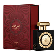 The image displays a perfume bottle with a black square body and a gold circular accent in the center, alongside its red packaging. The gold cap has a rough texture and is squared in shape. The Arabic word "?????" (Nebras) is embossed in gold on the bottl