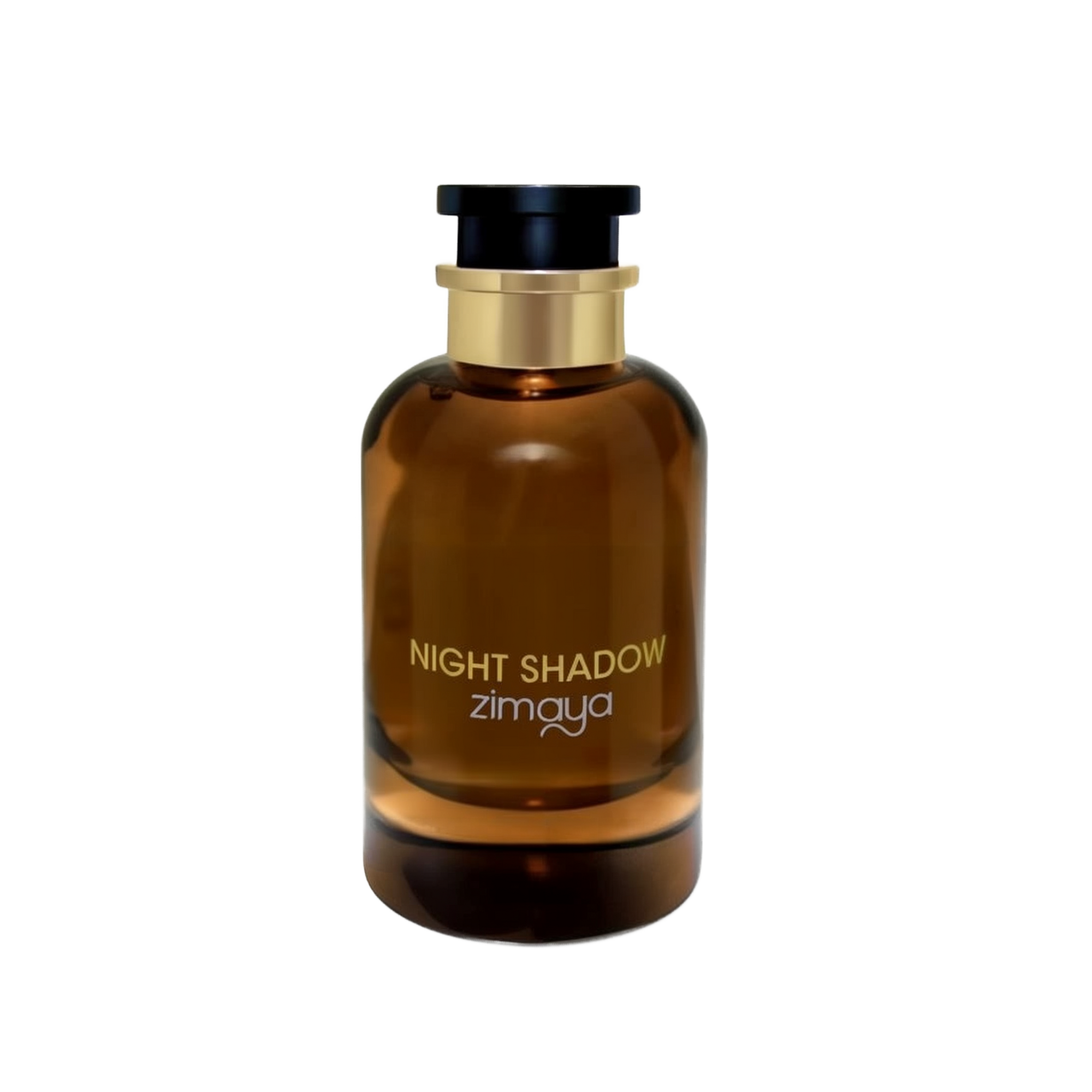 The image shows a cylindrical amber glass perfume bottle with a black cap and a gold band around the neck. The bottle has the text "NIGHT SHADOW" printed in large, capitalized, serif font in the center, with the brand name "zimaya" in a smaller, simple font below. The background is plain and white, highlighting the product.