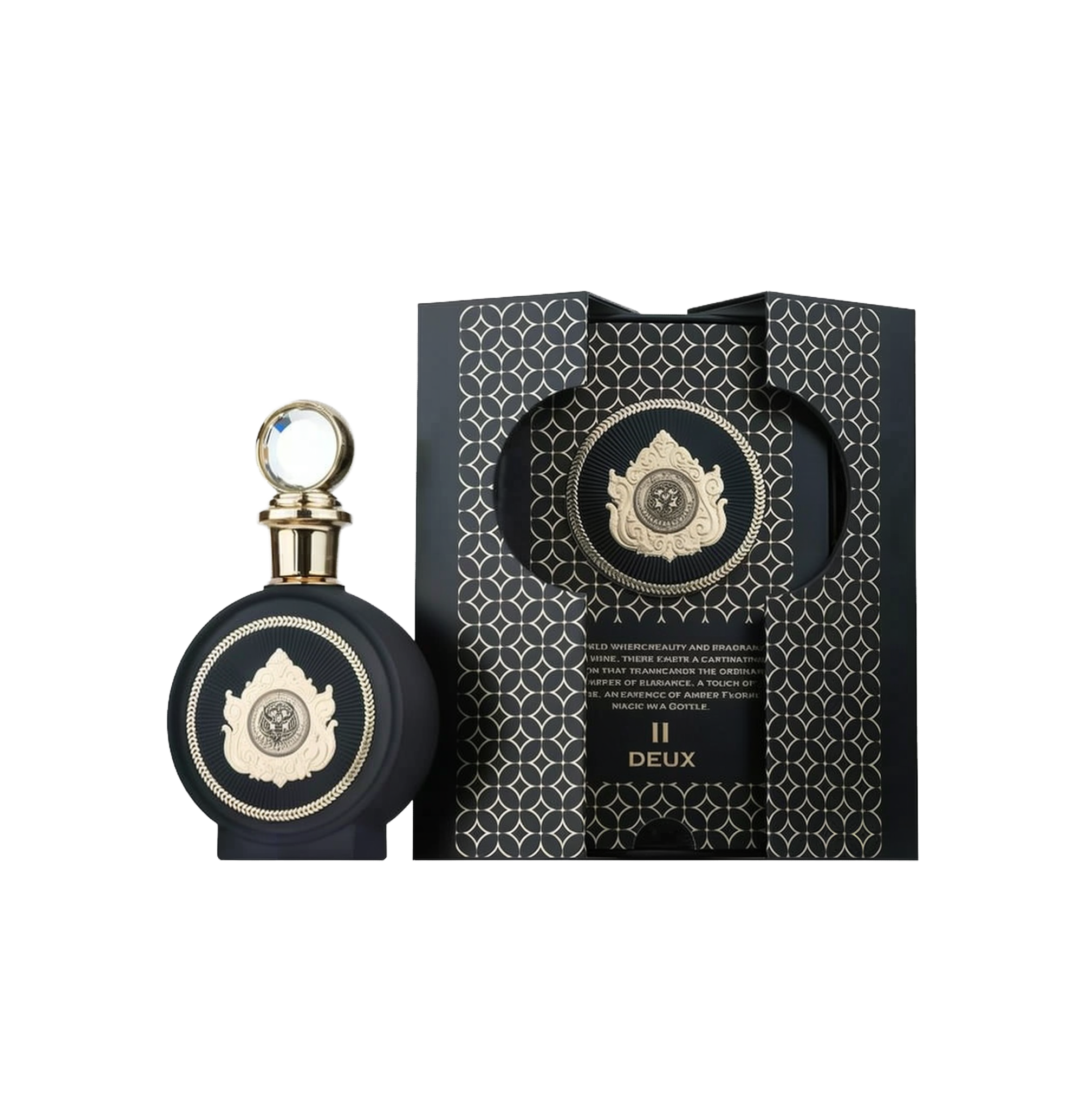 A sophisticated perfume bottle labeled "II Deux" by North Stag, a Paris Corner product. The bottle is round with a matte black finish and features an intricate gold emblem at the center, showcasing an ornate design with a medallion motif. The cap is gold 