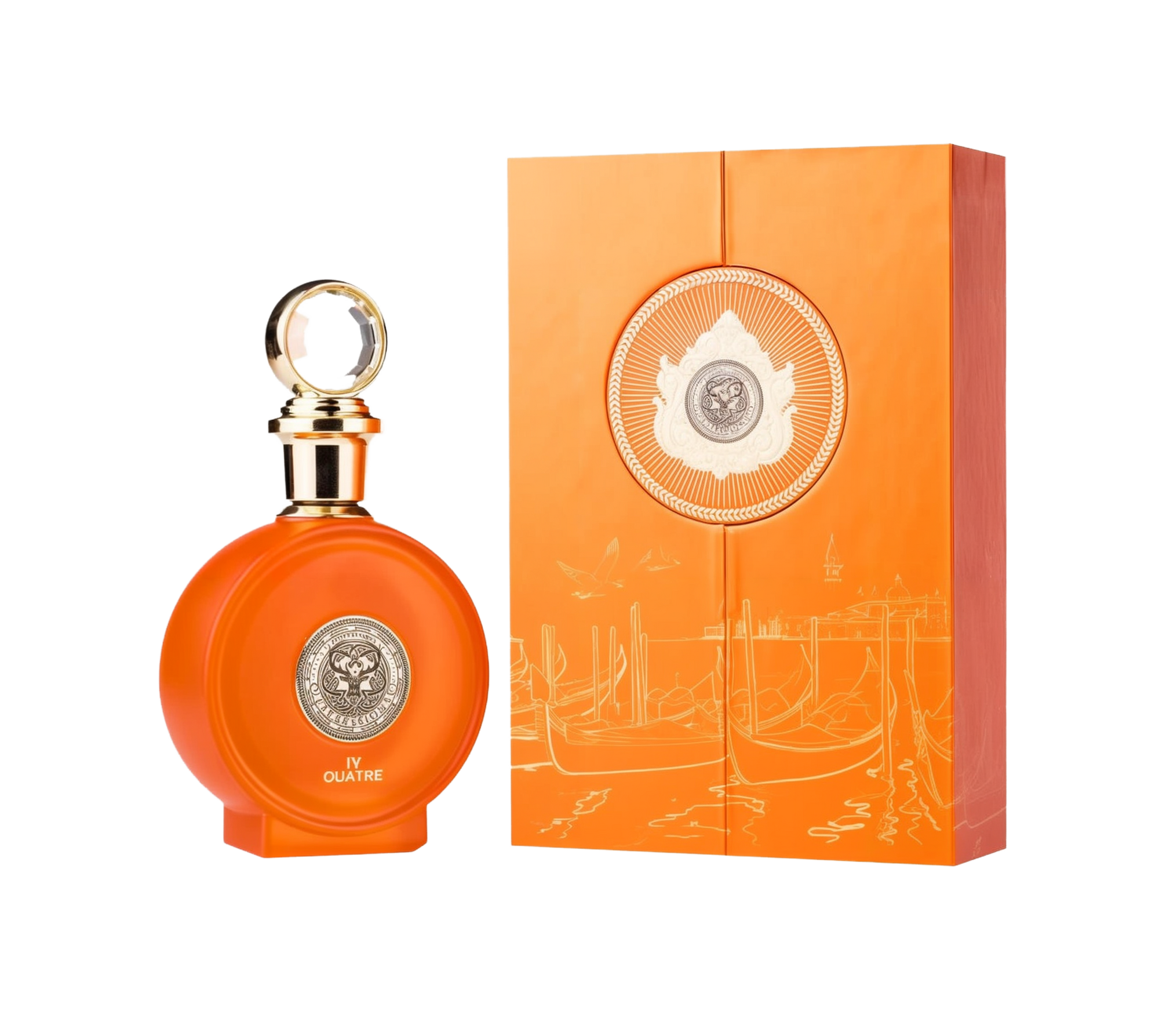 A round, bright-orange perfume bottle with a gold medallion on its front, a circular crystal-topped cap, and matching orange packaging featuring gold accents and a delicate coastal illustration.