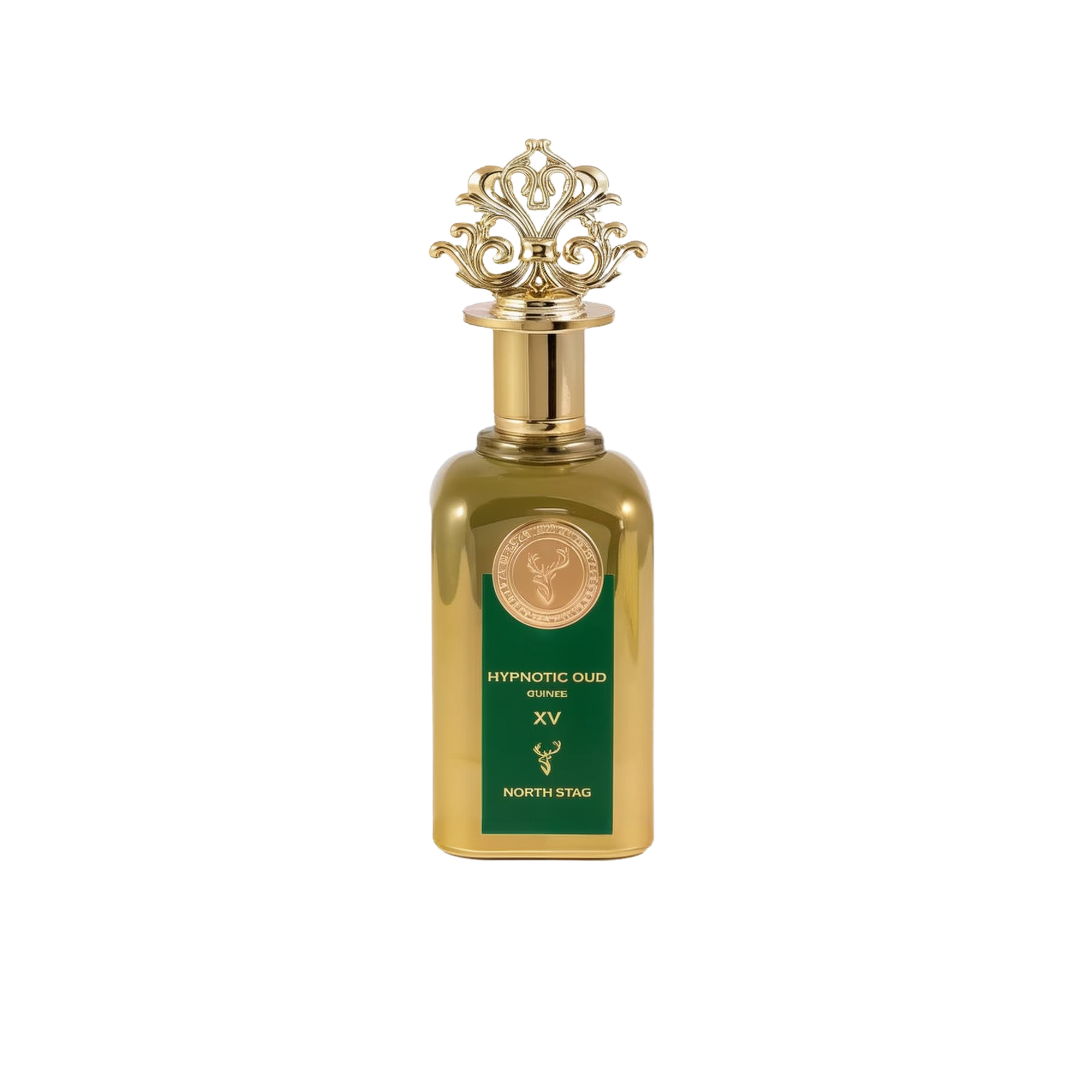 A luxurious gold perfume bottle labeled "Hypnotic Oud Quinze XV" by North Stag, a Paris Corner product. The bottle has a reflective, polished gold surface with a green label featuring gold text and a stag logo at the bottom. A medallion with intricate des
