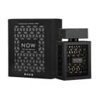 The image shows a perfume bottle and its packaging with a modern, geometric design:  The packaging is a square black box with a textured pattern featuring a series of interlocking geometric shapes. The center of the pattern is open, revealing the words "NOW EAU DE PARFUM" in white, bold lettering, and "RAVE" in smaller print at the bottom. The perfume bottle mirrors the box design, with a black geometric lattice over a gold background that shines through, and the same "NOW EAU DE PARFUM" branding.