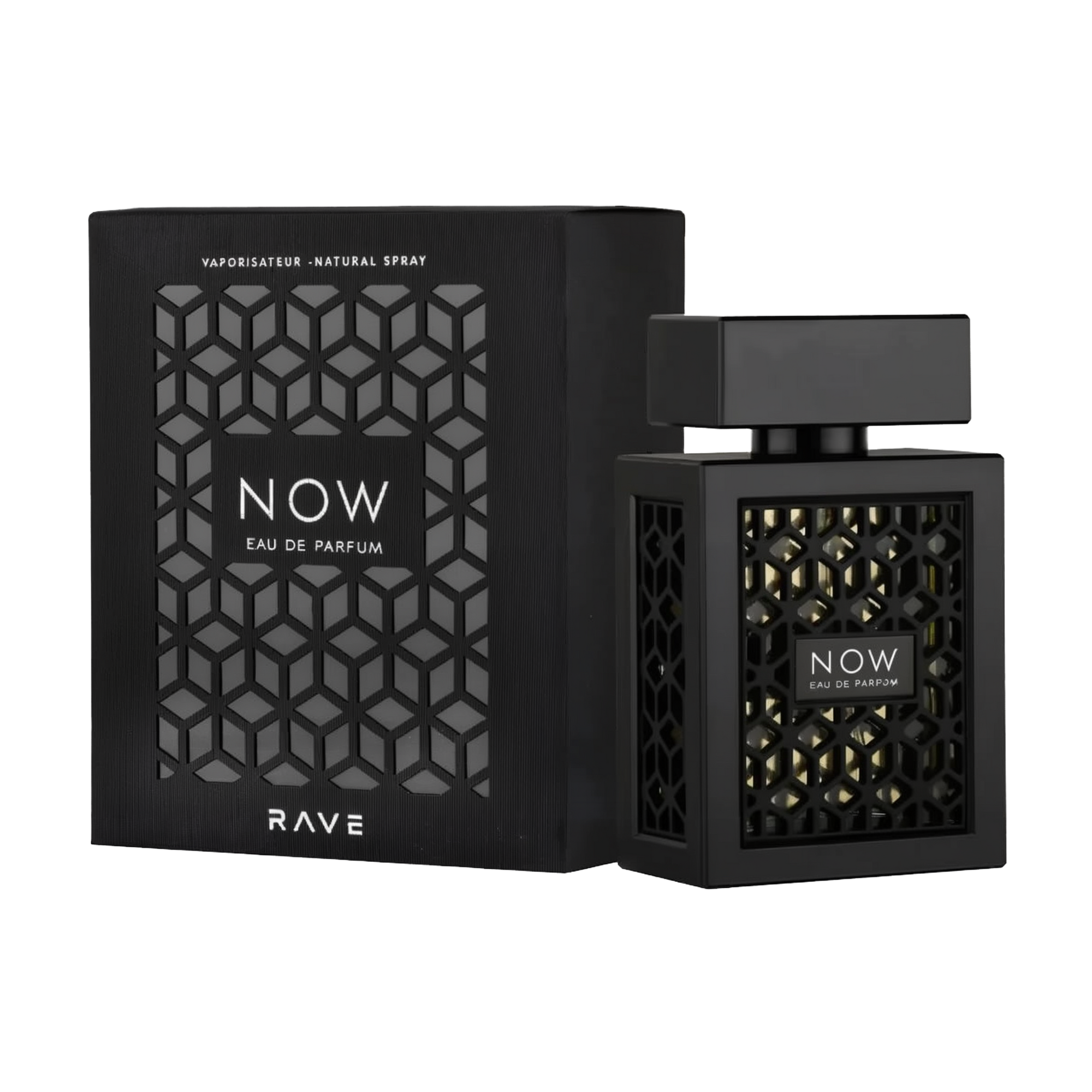 The image shows a perfume bottle and its packaging with a modern, geometric design:  The packaging is a square black box with a textured pattern featuring a series of interlocking geometric shapes. The center of the pattern is open, revealing the words "NOW EAU DE PARFUM" in white, bold lettering, and "RAVE" in smaller print at the bottom. The perfume bottle mirrors the box design, with a black geometric lattice over a gold background that shines through, and the same "NOW EAU DE PARFUM" branding.