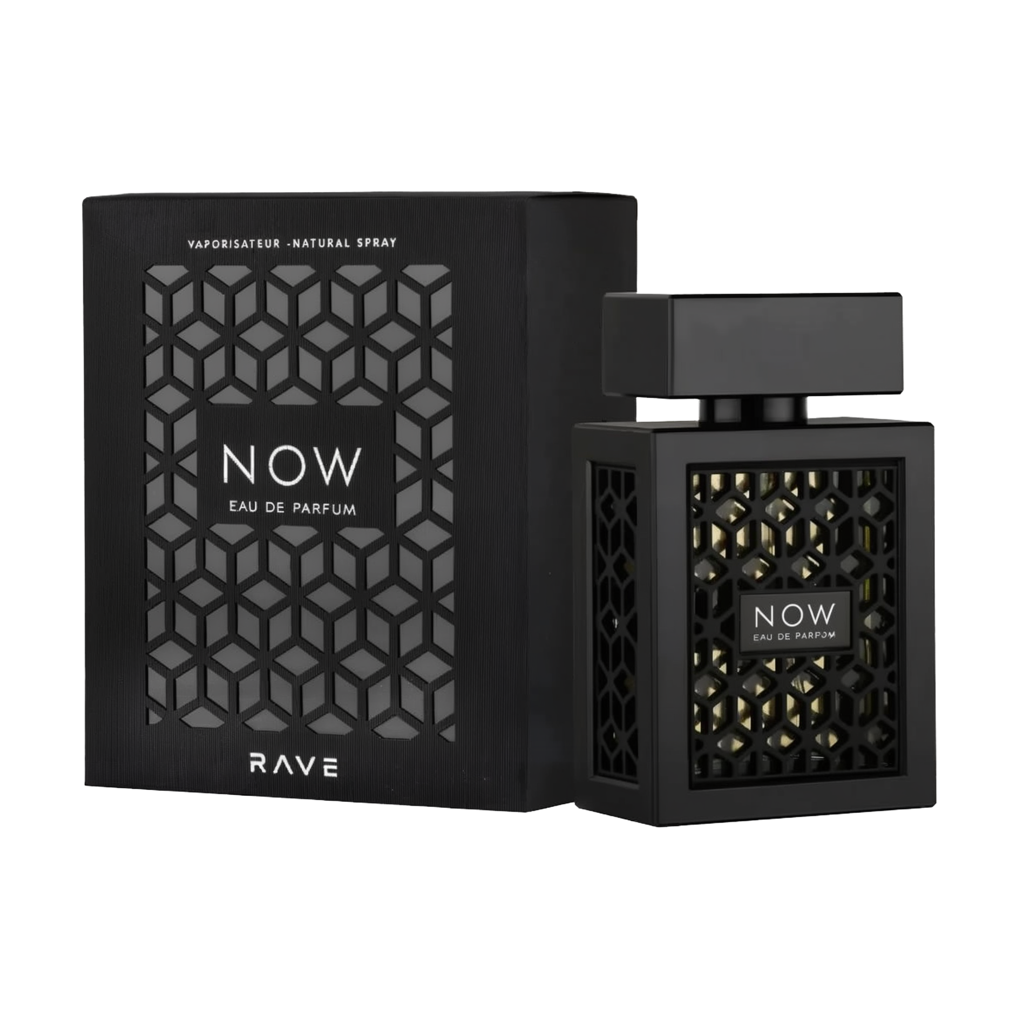 The image shows a perfume bottle and its packaging with a modern, geometric design:  The packaging is a square black box with a textured pattern featuring a series of interlocking geometric shapes. The center of the pattern is open, revealing the words "NOW EAU DE PARFUM" in white, bold lettering, and "RAVE" in smaller print at the bottom. The perfume bottle mirrors the box design, with a black geometric lattice over a gold background that shines through, and the same "NOW EAU DE PARFUM" branding.