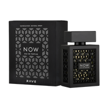 The image shows a perfume bottle and its packaging with a modern, geometric design:  The packaging is a square black box with a textured pattern featuring a series of interlocking geometric shapes. The center of the pattern is open, revealing the words "NOW EAU DE PARFUM" in white, bold lettering, and "RAVE" in smaller print at the bottom. The perfume bottle mirrors the box design, with a black geometric lattice over a gold background that shines through, and the same "NOW EAU DE PARFUM" branding.
