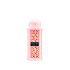 A cylindrical pink perfume bottle with a domed cap and a geometric lattice design, labeled ‘Now Women’ by Rave Lattafa.