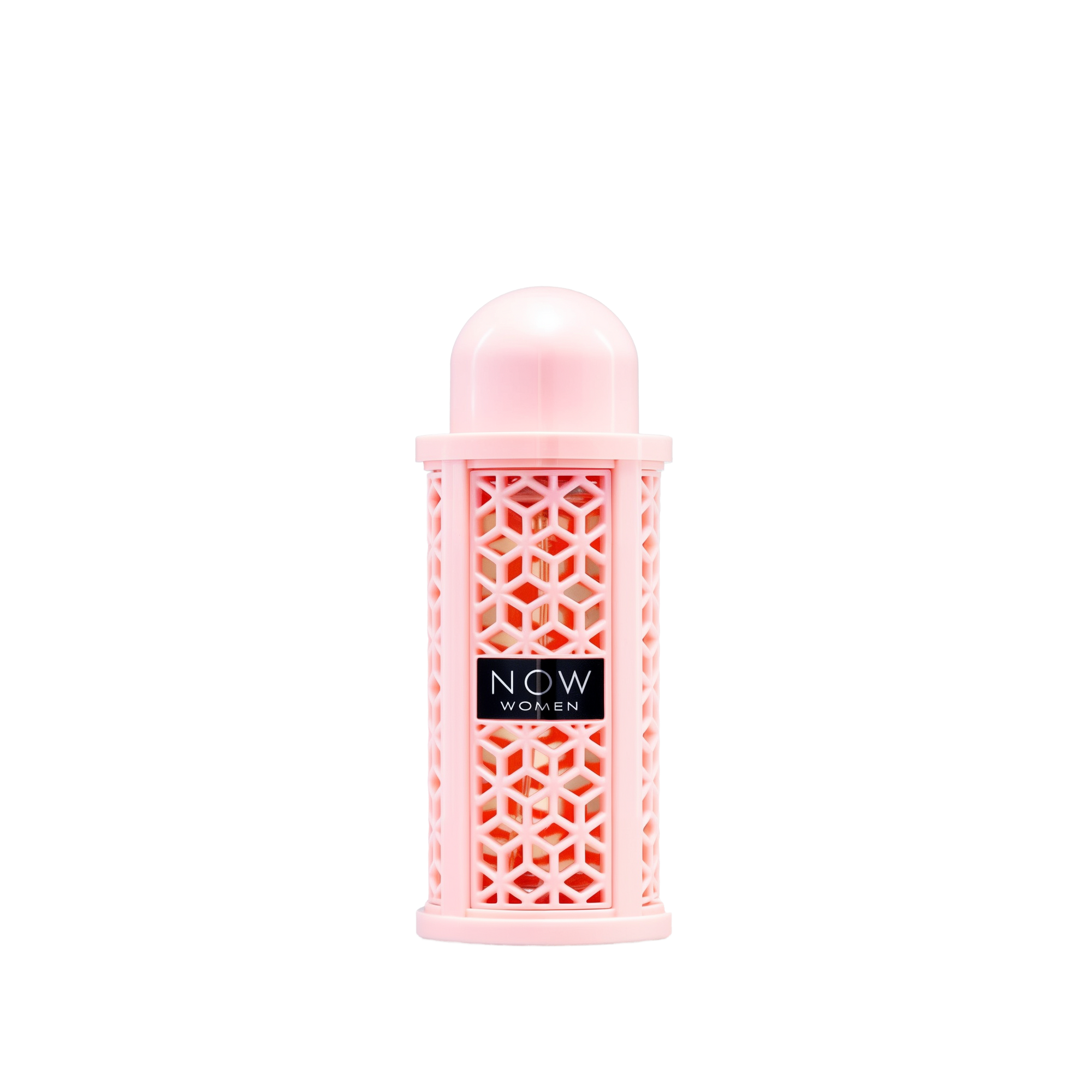 A cylindrical pink perfume bottle with a domed cap and a geometric lattice design, labeled ‘Now Women’ by Rave Lattafa.