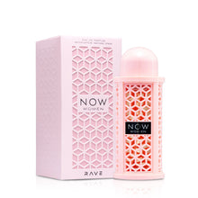 A pink rectangular box with a geometric lattice design labeled ‘Now Women Eau De Parfum’ by Rave Lattafa, shown next to a matching cylindrical pink perfume bottle with a domed cap and the same lattice pattern.