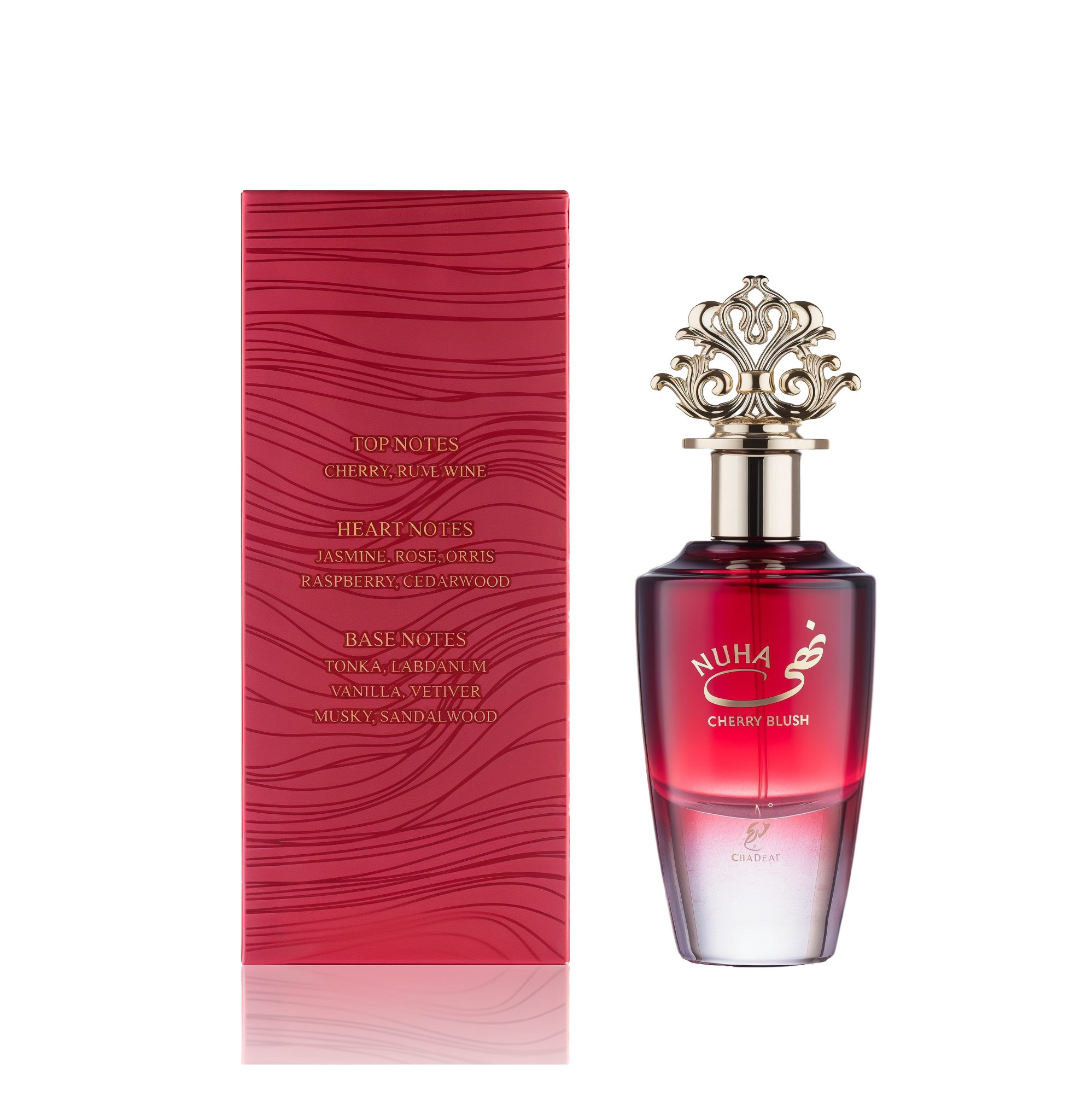 A red gradient glass perfume bottle labeled 'Nuha Cherry Blush,' featuring an ornate gold crown cap, displayed alongside a matching red box with wavy embossing and listed fragrance notes.
