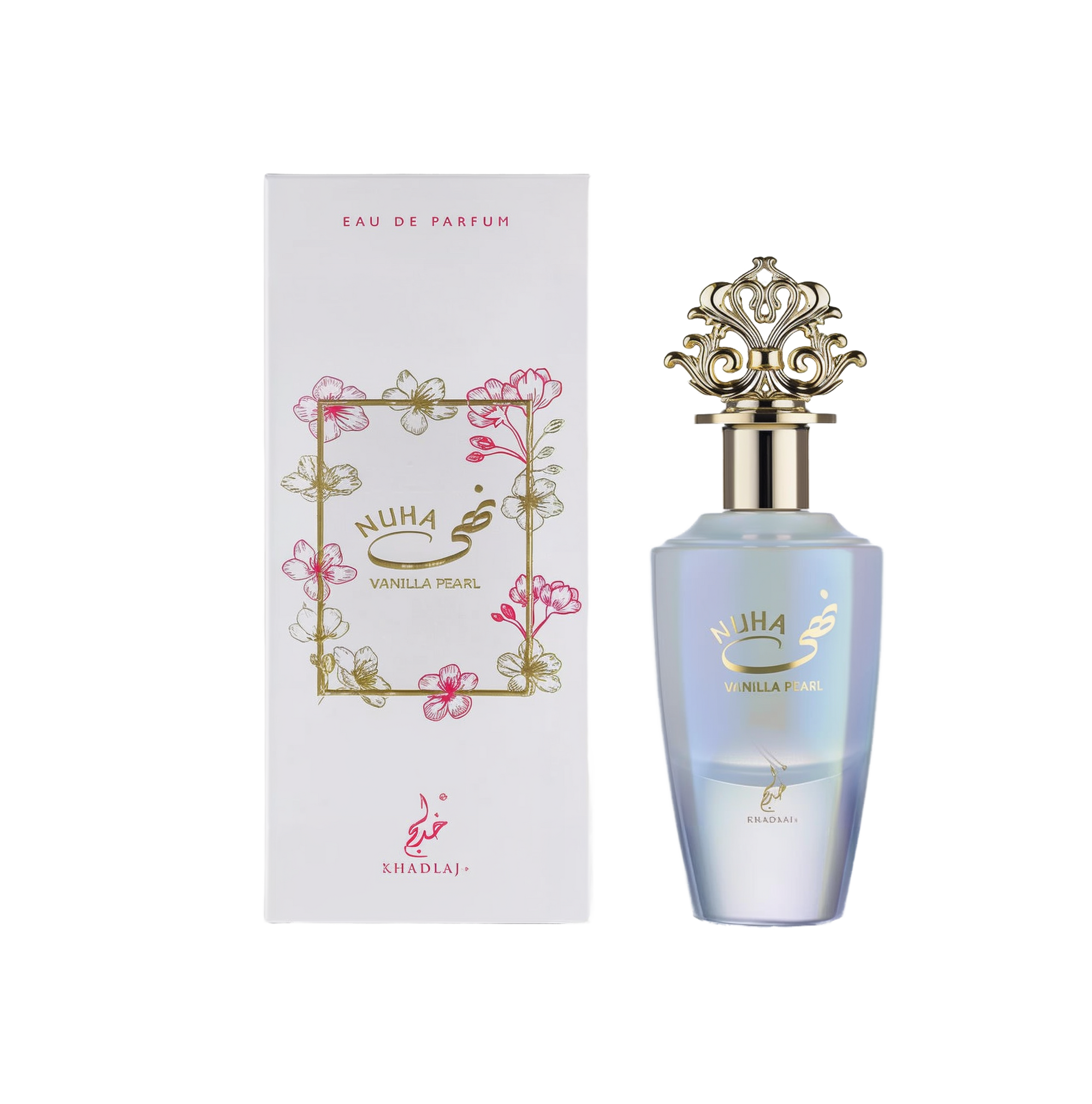 A pearlescent gradient perfume bottle labeled ‘Nuha Vanilla Pearl’ with an ornate gold crown cap, displayed alongside a white box featuring delicate pink floral illustrations and gold lettering from Khadlaj.