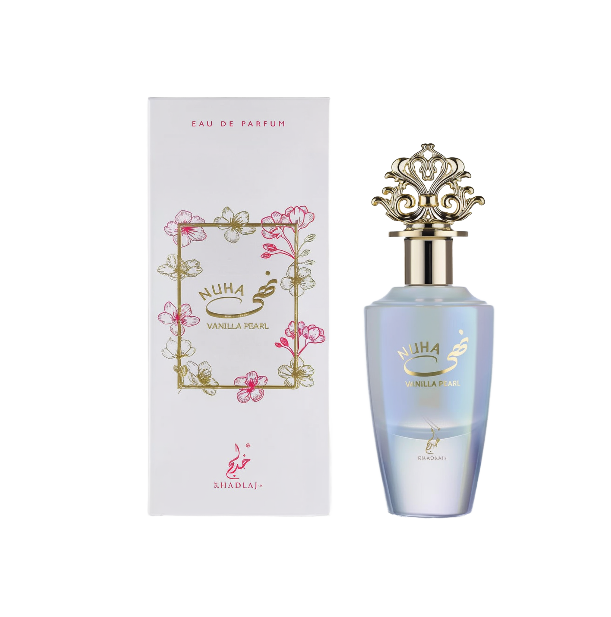 A pearlescent gradient perfume bottle labeled ‘Nuha Vanilla Pearl’ with an ornate gold crown cap, displayed alongside a white box featuring delicate pink floral illustrations and gold lettering from Khadlaj.