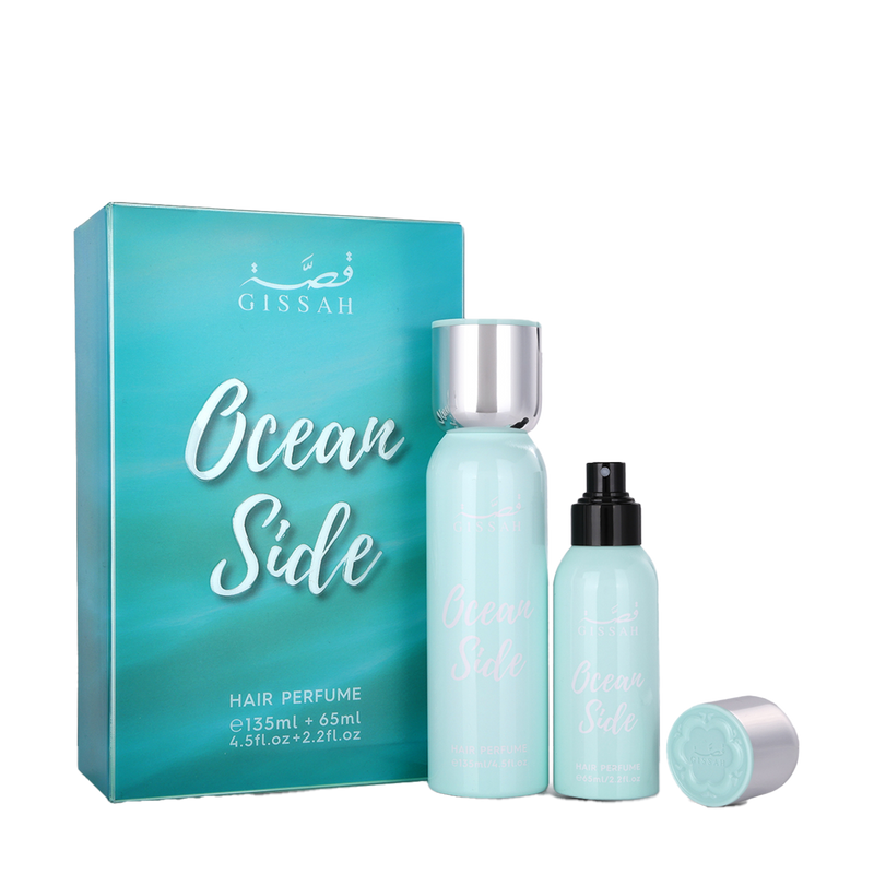 Light blue Gissah Ocean Side Hair Perfume set with two bottles and matching box ocean gradient design.