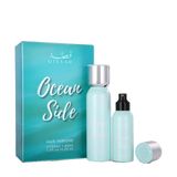 Light blue Gissah Ocean Side Hair Perfume set with two bottles and matching box ocean gradient design.