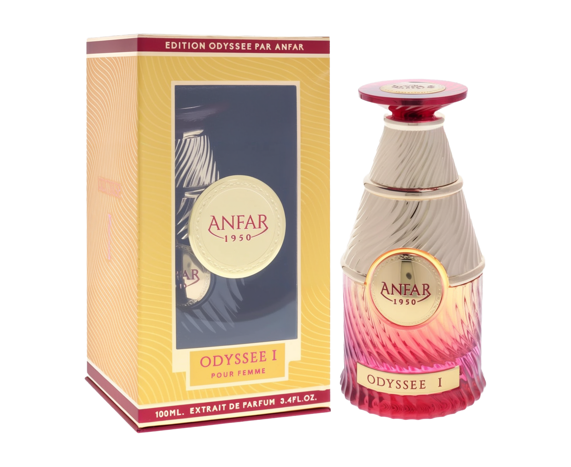 A decorative perfume gift set box next to a conical, gold-trimmed glass bottle that fades from deep red at the base to creamy ivory at the top, featuring the brand “ANFAR 1950” and the label “Odyssée I Pour Femme.