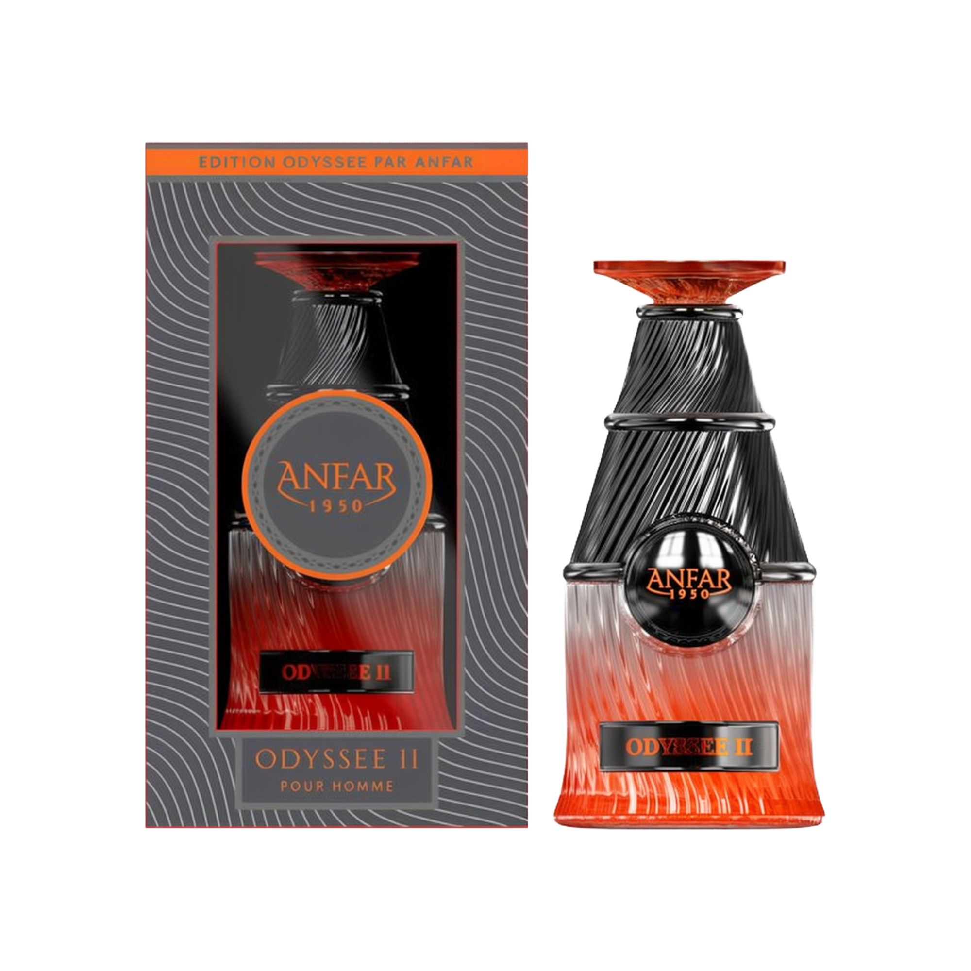 The image features the "Odyssey II Pour Homme Extrait De Parfum 100ml" by Anfar. The perfume bottle has a sleek, modern design with a gradient effect, transitioning from a bold orange at the base to a deep black at the top. The bottle's surface has a text