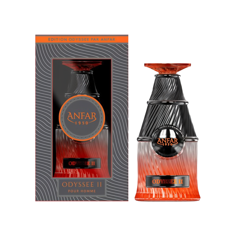 The image features the "Odyssey II Pour Homme Extrait De Parfum 100ml" by Anfar. The perfume bottle has a sleek, modern design with a gradient effect, transitioning from a bold orange at the base to a deep black at the top. The bottle's surface has a text