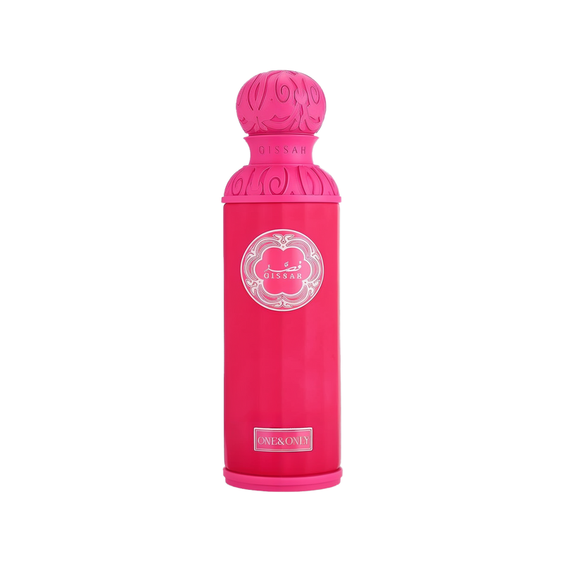 A vibrant pink cylindrical bottle of Gissah One & Only perfume spray. The bottle features intricate designs on the cap and neck, with a label showcasing the brand name "Gissah" and "One & Only" at the bottom.