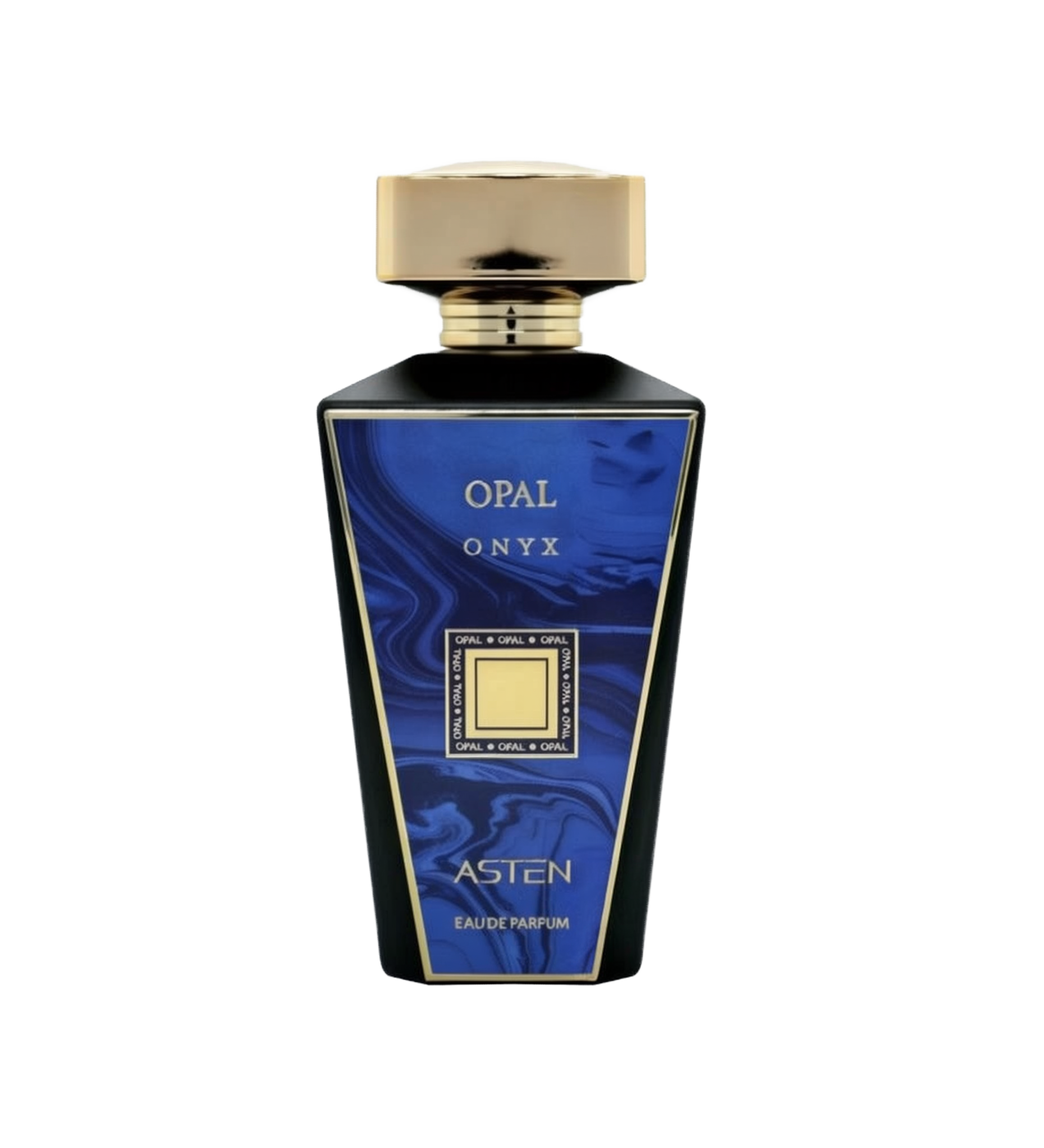 A black, angular perfume bottle with a gold metallic cap. The front label features a bold marbled blue design with the words “OPAL ONYX” in gold text and “Asten Eau De Parfum” at the bottom. A gold square accent is centered on the label.