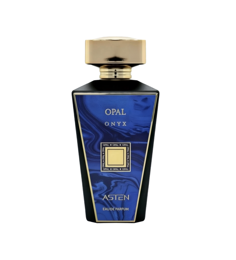 A black, angular perfume bottle with a gold metallic cap. The front label features a bold marbled blue design with the words “OPAL ONYX” in gold text and “Asten Eau De Parfum” at the bottom. A gold square accent is centered on the label.