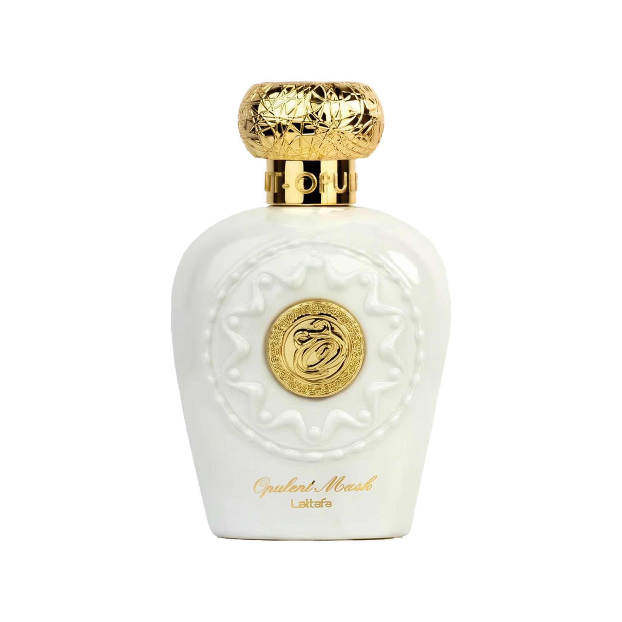 Image of Opulent Musk Eau De Parfum by Lattafa. The perfume bottle is prominently displayed, featuring a luxurious white design with a golden medallion at the center and a detailed golden cap.